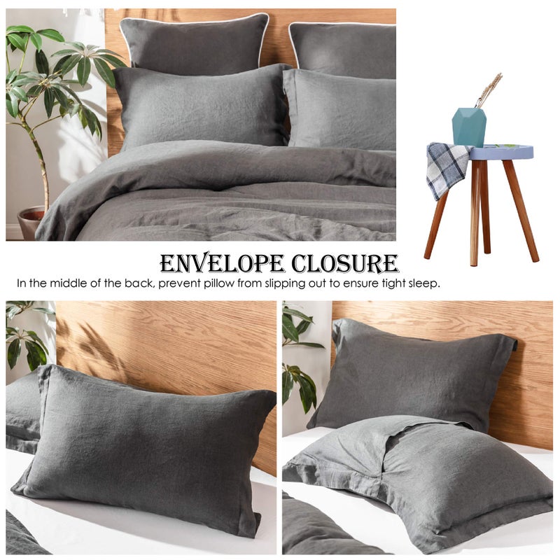Simple&Opulence 100% Linen Duvet Cover Set 3pcs Basic Style Natural French Washed Flax Solid Color Soft Breathable Farmhouse Bedding with Button Closure - Dark Grey, King - Image 4